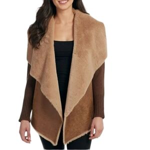 NEW CRIPPLE CREEK Shearling Faux Fur Sweater Jacket Sz S Tan/Brown Western Boho